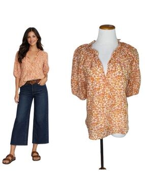 Xirena Jules Top Size Small Marigold Floral Cotton Silk Puff Sleeves Romantic